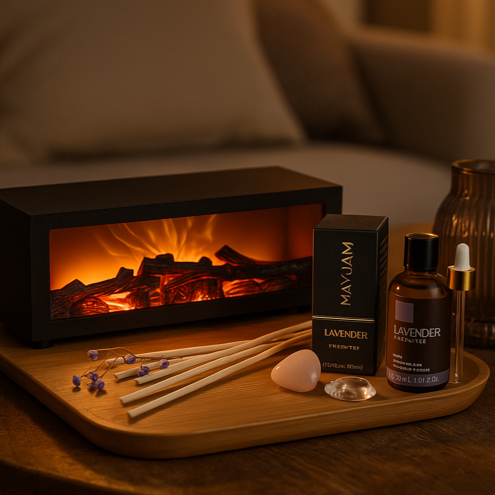 Édition Prestige – Coffret Bien-Être Cocooning (1 diffuseur d'arôme cheminée, 1 huile essentielle 30ml, 1 lot de 40 bâtonnets d'encens naturels et 1 Plateau pour diffuseur en bambou