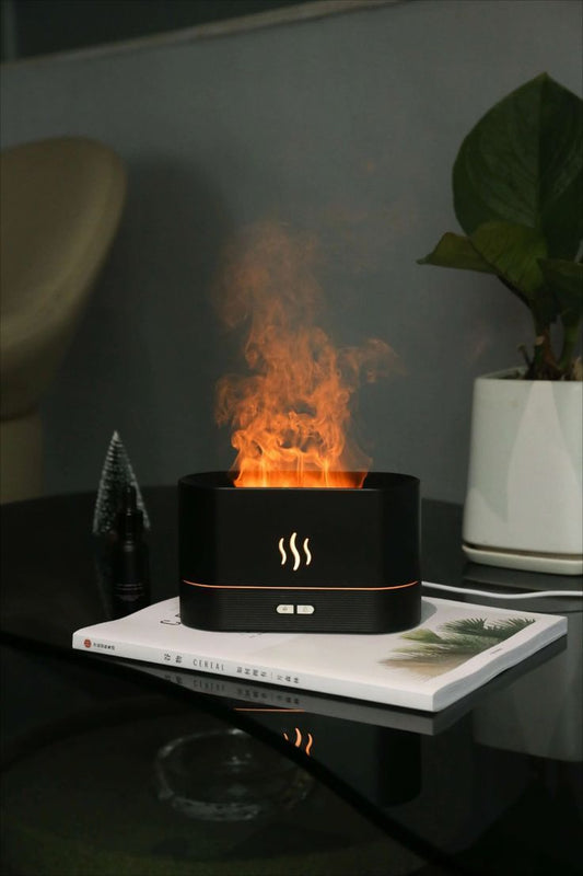 Humidificateur d’air & Diffuseur d’arômes – Simulation flamme LED colorée